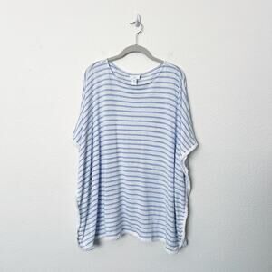 [J.Jill] Blue White 100% Linen Striped Fringed Poncho Top Size Medium Large M/L